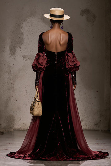 Burgundy Long Sleeve Velvet A Line Evening Dress